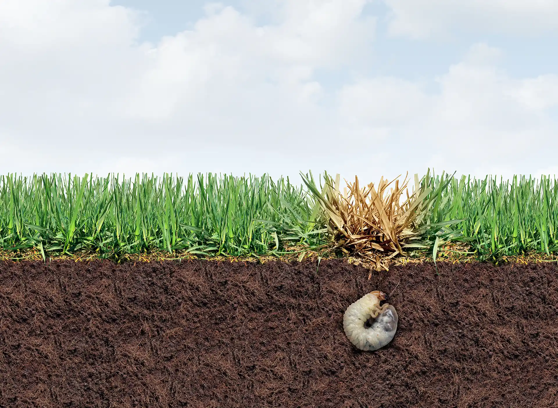 Cross-section of a lawn showing grub damage and a white grub in the soil