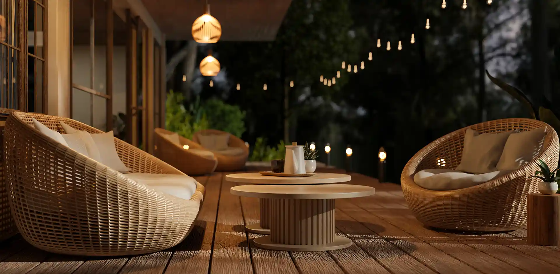 Warm bistro string lights over a patio at a Fuquay-Varina, NC home at dusk Bistro and patio string lighting over an outdoor space in Willow Spring, NC
