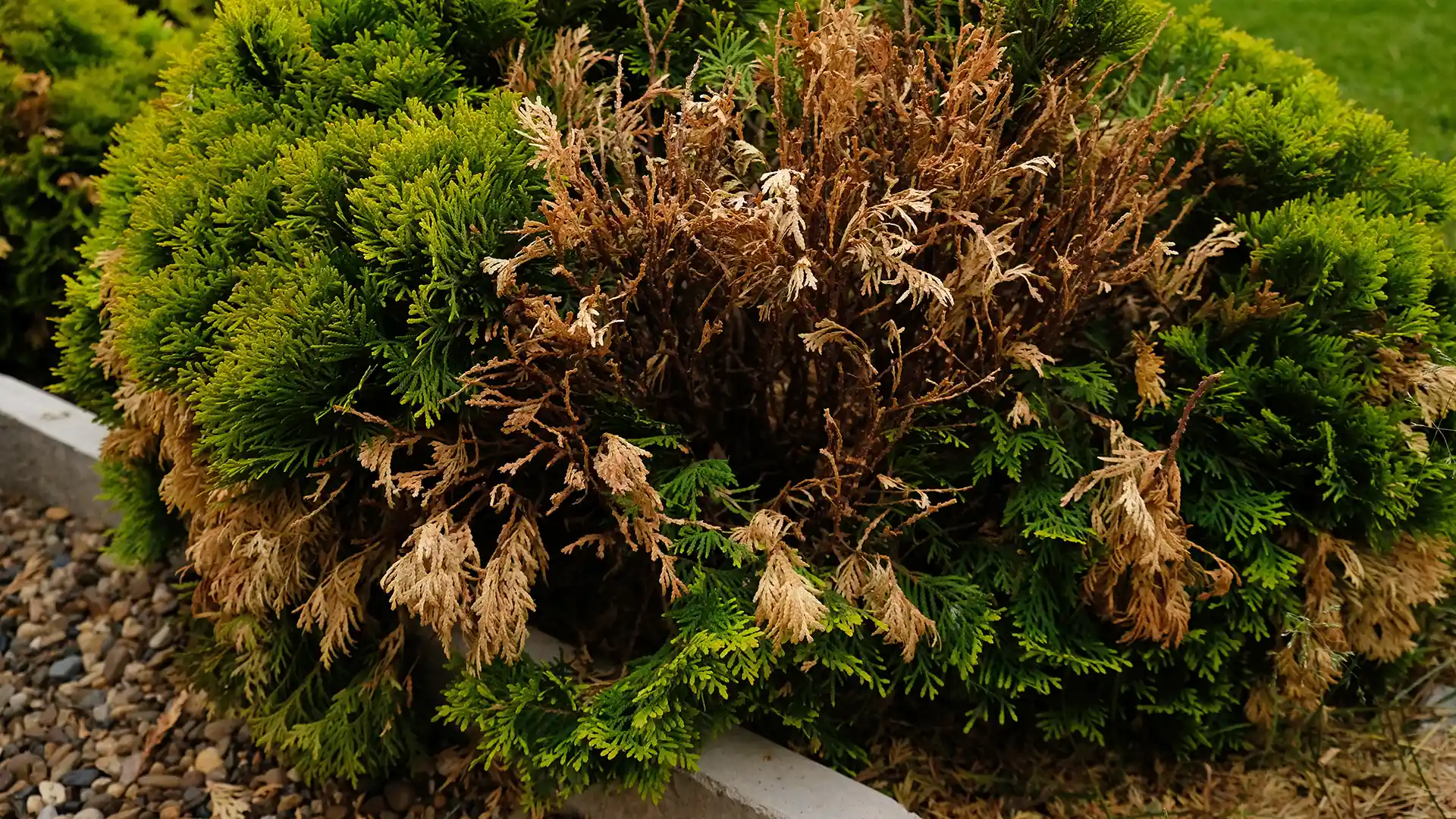 Needle and tip blight on an evergreen, treated by Lawn Panther in Holly Springs, NC