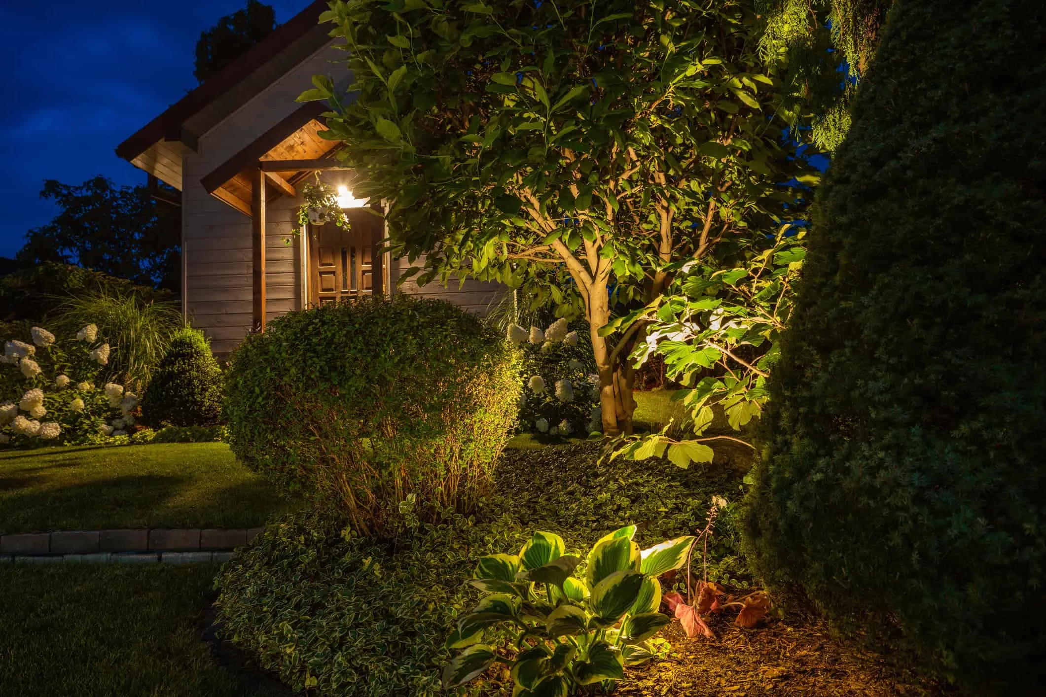 Warm landscape lighting on shrubs and beds beside a house at night
